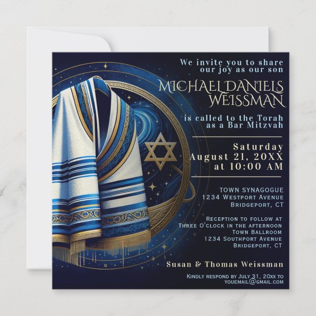 Inbjudan till pub Mitzvah Prayer Shawl Stars (Framsida)