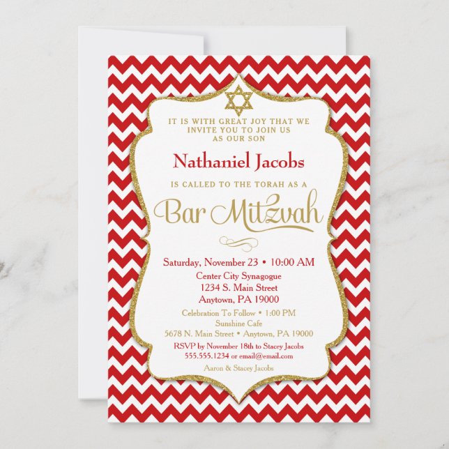 Inbjudan till pub Mitzvah Red Guld Elegant Chevron (Framsida)