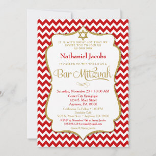 Inbjudan till pub Mitzvah Red Guld Elegant Chevron