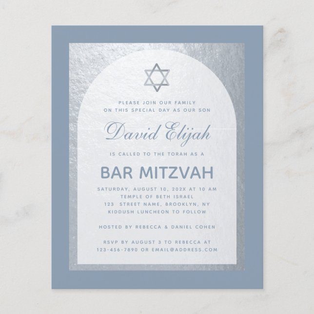 Inbjudan till Pub Mitzvah Silver Dusty Blue Budget (Framsida)