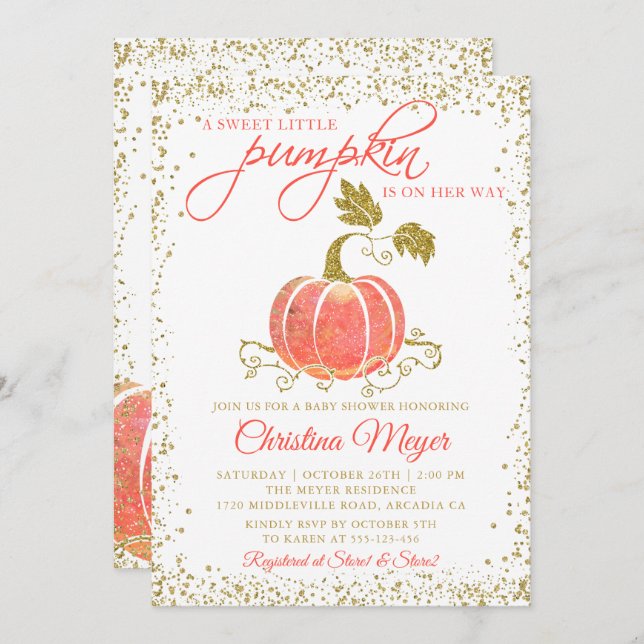 Inbjudan till Pumpkin Fall Baby Shower guld Glitte (Fram/baksida)