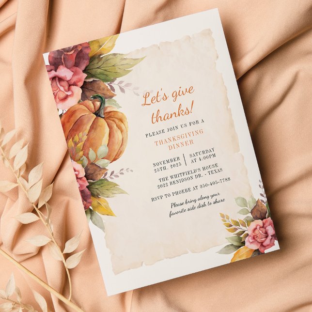 Inbjudan till Pumpkin Friendsgiving-Blommigt för b (Pumpkin Thanksgiving Dinner Invitation)