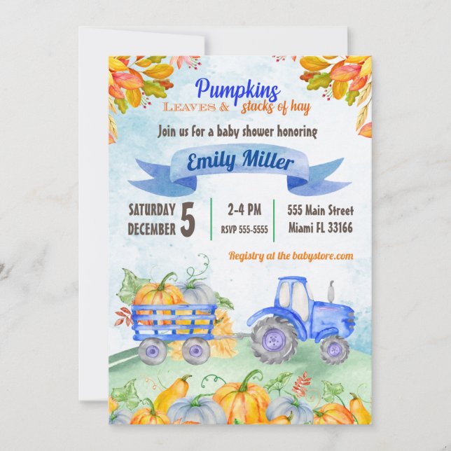 Inbjudan till Pumpkin Tractor Baby Shower för vatt (Framsida)