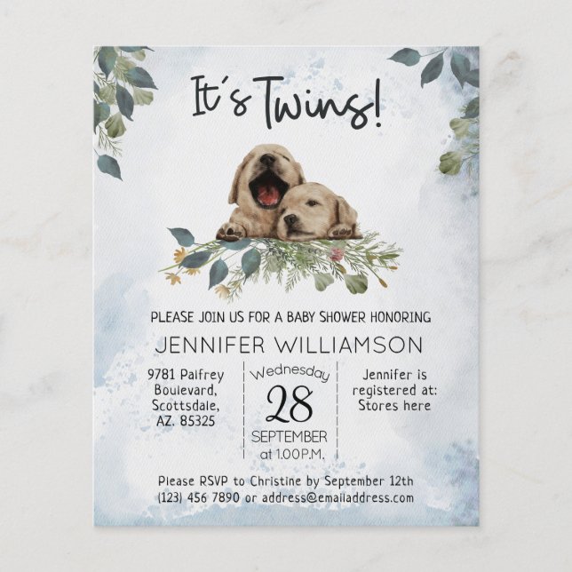 Inbjudan till Puppy Baby Shower för budgetTwilling (Framsida)