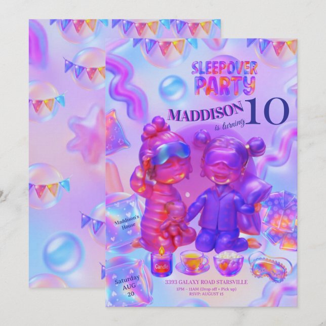 Inbjudan till Pyjamasparty | Flickas pyjamasfödels (Fram/baksida)