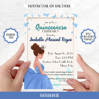 Inbjudan till Quinceañera Blue Elegant Princess