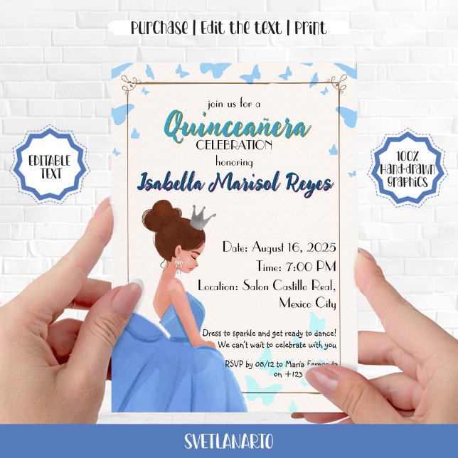 Inbjudan till Quinceañera Blue Elegant Princess (Skapare uppladdad)