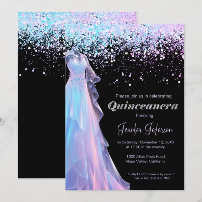 Inbjudan till Quinceanera-inbjudan till glitter CO (Fram/baksida)