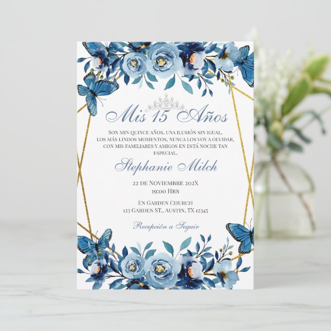 Inbjudan till Quinceanera Navy Blommigt Butterflie (Stående Fram)