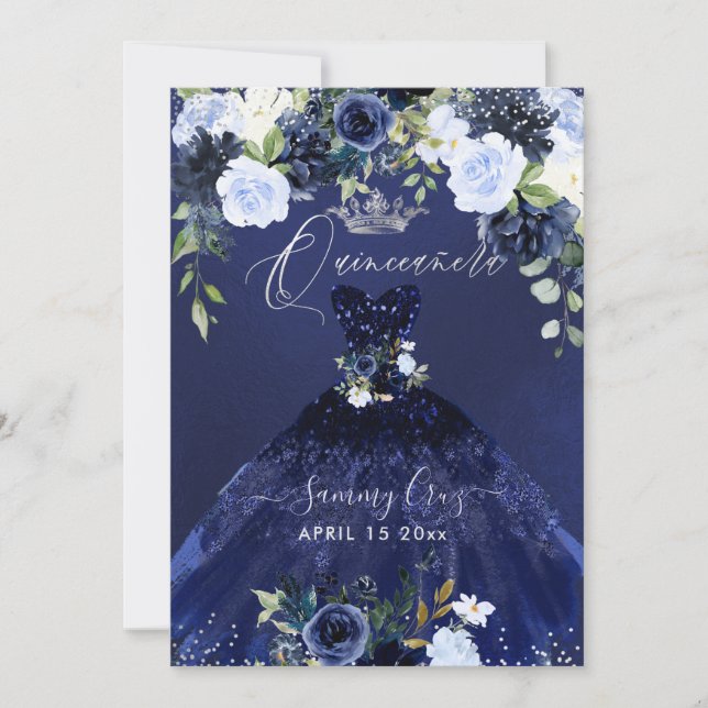Inbjudan till Quinceanera Navy Blue Watercolor Dre (Framsida)