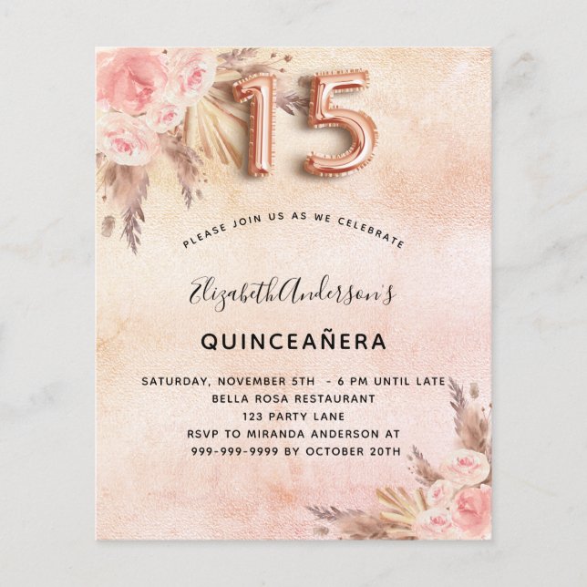 Inbjudan till Quinceanera pampas gräs ro (Framsida)