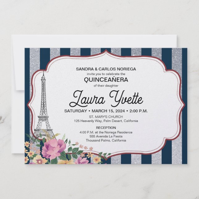 Inbjudan till Quinceañera, Paris tema, Eiffeltorne (Framsida)