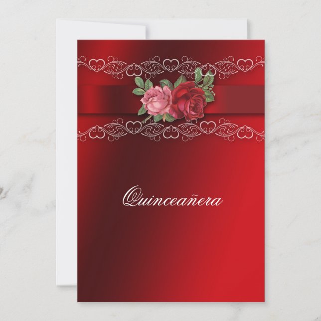 Inbjudan till Quinceanera Red Rosa ros Red Satin (Framsida)
