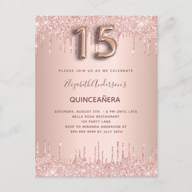  inbjudan till Quinceanera ro guld glitter (Framsida)