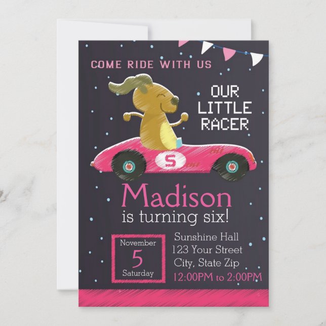 Inbjudan till racerbil (flicka) (Framsida)