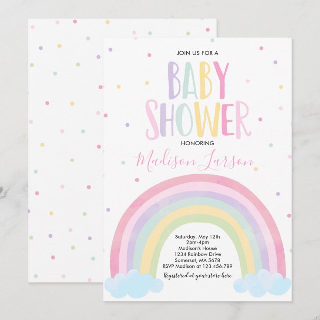 Inbjudan till Rainbow Baby Shower Pastel Rainbow B (Fram/baksida)