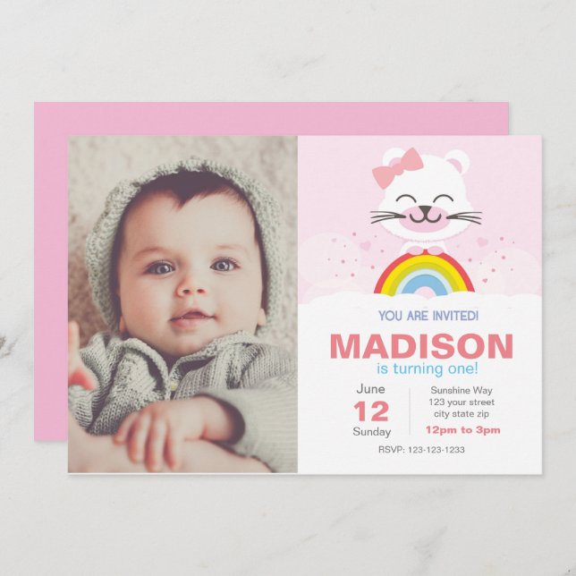 Inbjudan till Rainbow Bear Birthday (Fram/baksida)