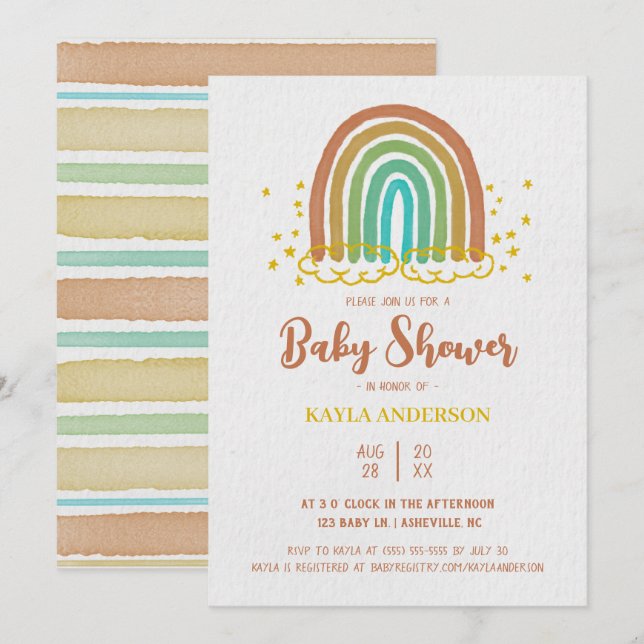 Inbjudan till Rainbow Boho Watercolor Baby Shower (Fram/baksida)