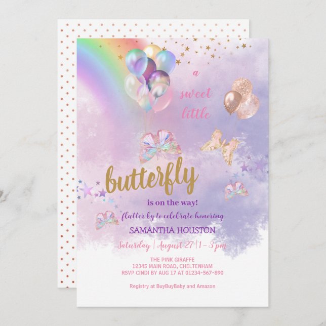 Inbjudan till Rainbow Butterfly Baby Shower (Fram/baksida)