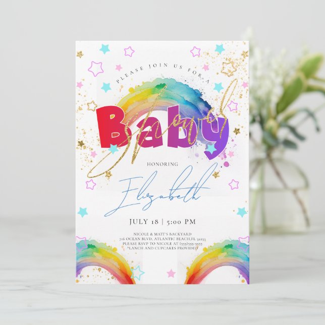 Inbjudan till Rainbow Guld Watercolor Baby Shower (Stående Fram)