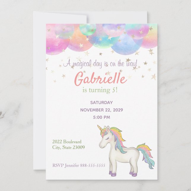 Inbjudan till Rainbow Pastel Unicorn Barns födelse (Framsida)