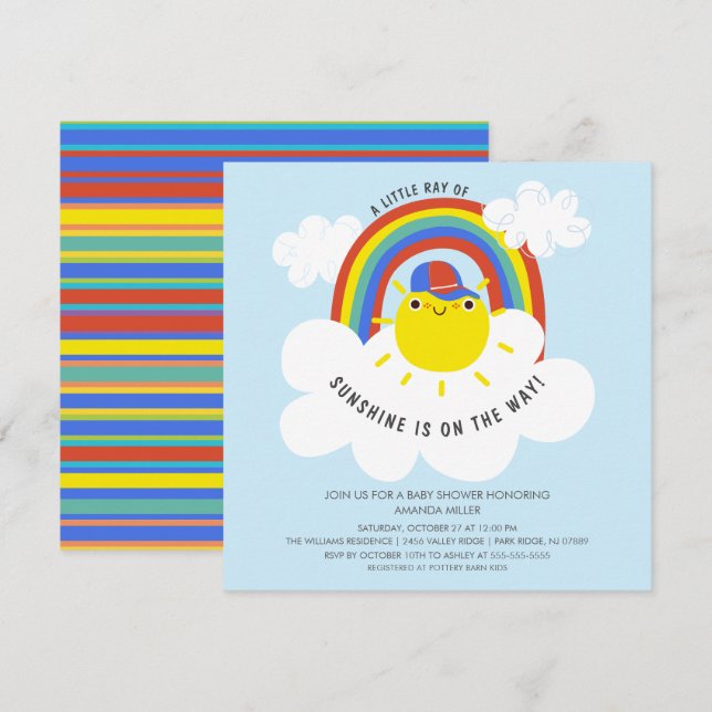 Inbjudan till Rainbow Sunshine Boys Baby Shower (Fram/baksida)