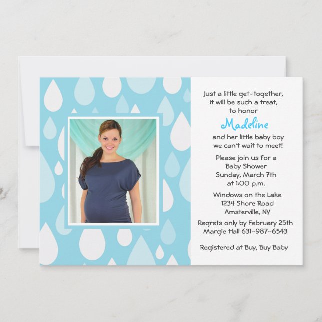 Inbjudan till Raindrops Blue Photo Baby Shower (Framsida)