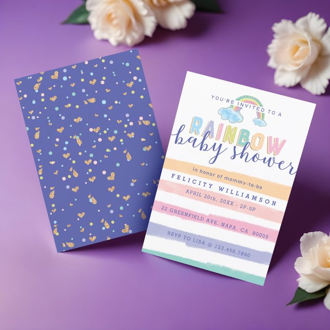Inbjudan till Rand Baby Shower för vattenfärgsregn (Watercolor Rainbow Stripes Baby Shower Invitation)