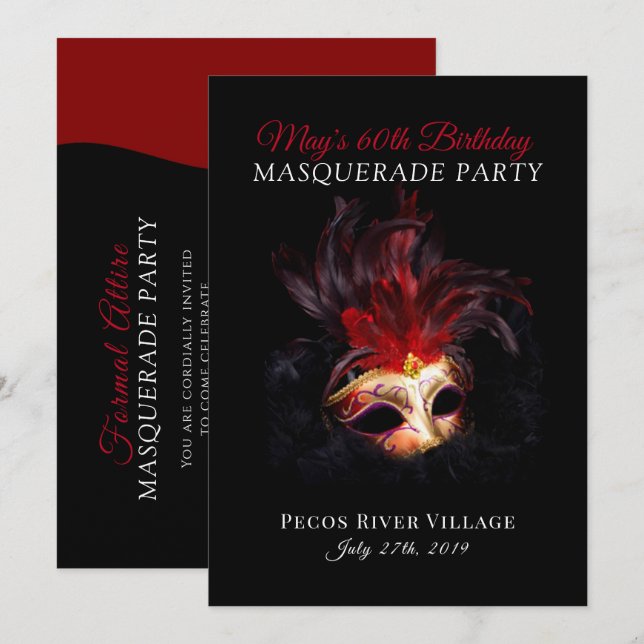 Inbjudan till Red and Black Masquerad Party (Fram/baksida)