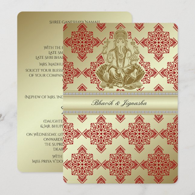 Inbjudan till Red and Guld indisk Damask Wedding (Fram/baksida)
