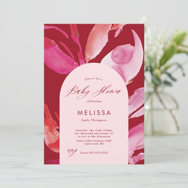 Inbjudan till Red and Rosa Watercolor Baby Shower (Stående Fram)