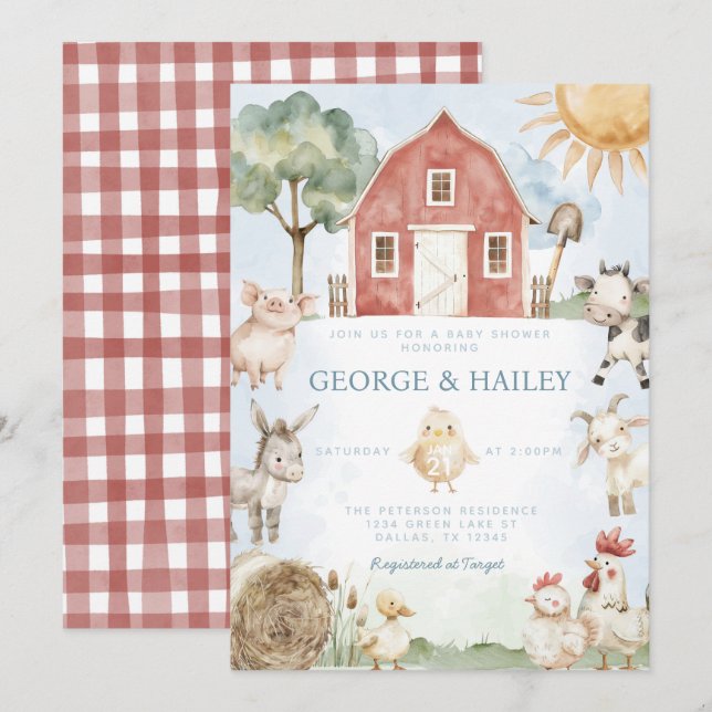 Inbjudan till Red Barn Farm Animal Baby Shower (Fram/baksida)