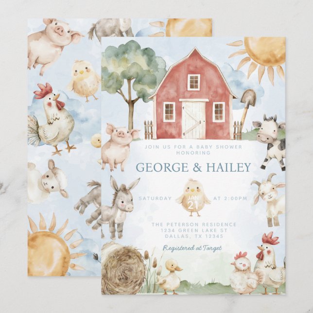 Inbjudan till Red Barn Farm Animal Baby Shower (Fram/baksida)