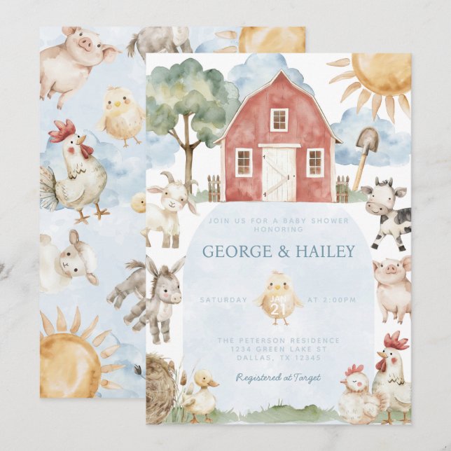 Inbjudan till Red Barn Farm Animal Baby Shower (Fram/baksida)