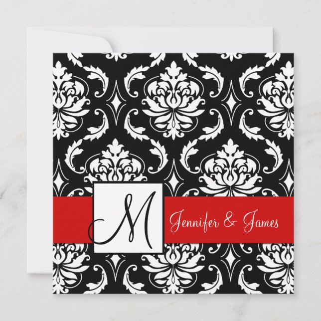 Inbjudan till Red Black Damask Initial Wedding (Framsida)