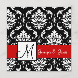 Inbjudan till Red Black Damask Initial Wedding