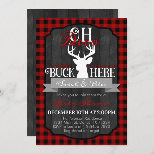 Inbjudan till Red Black Flananals Hjort Baby Showe (Fram/baksida)