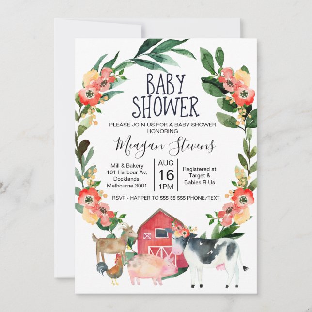 Inbjudan till Red Blommigt Boskap Baby Shower (Framsida)