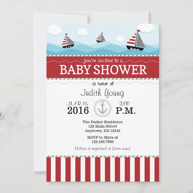 Inbjudan till Red Blue Nautical Baby Shower (Framsida)