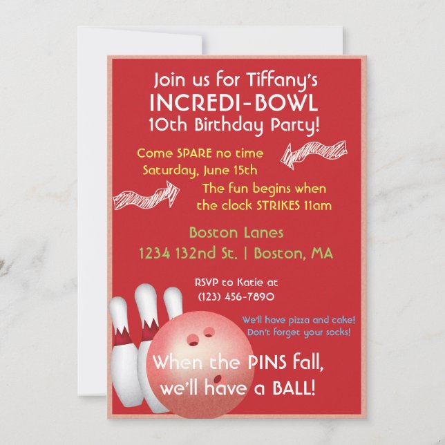 Inbjudan till Red Bowling Birthday (Framsida)