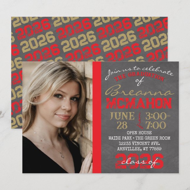 Inbjudan till Red & Bronze Guld Chalkboard Student (Fram/baksida)