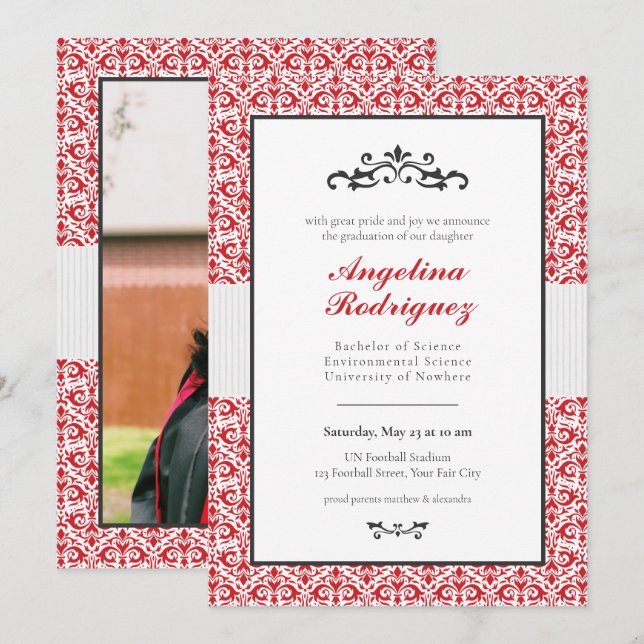 Inbjudan till Red Damask Pattern Photo Studenten (Fram/baksida)