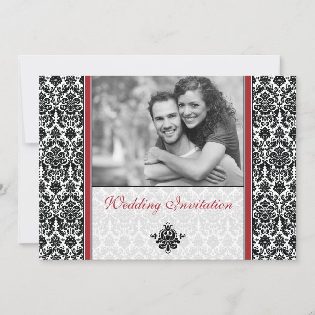 Inbjudan till Red Damask Photo Wedding (Framsida)