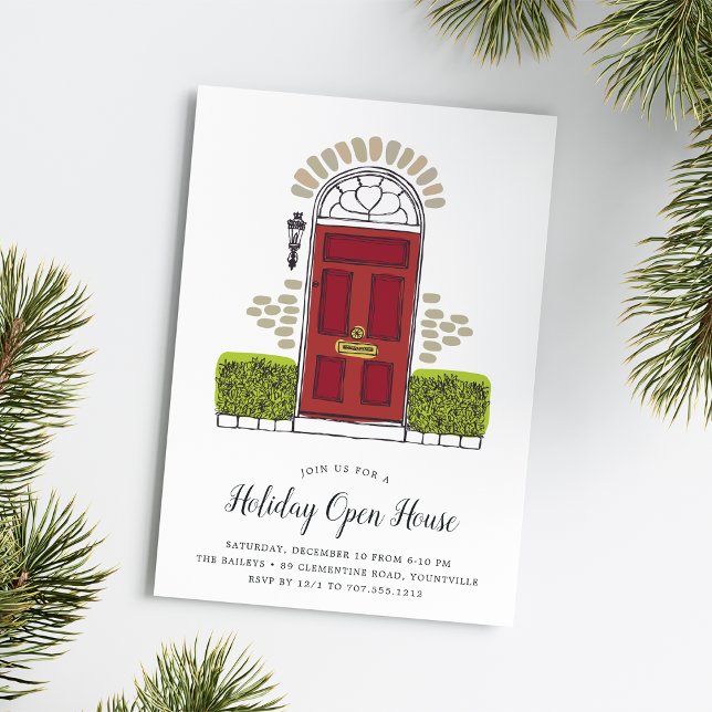 Inbjudan till Red Dor Helgdag Open House (A festive holiday party invitation in classic shades of red and green.)