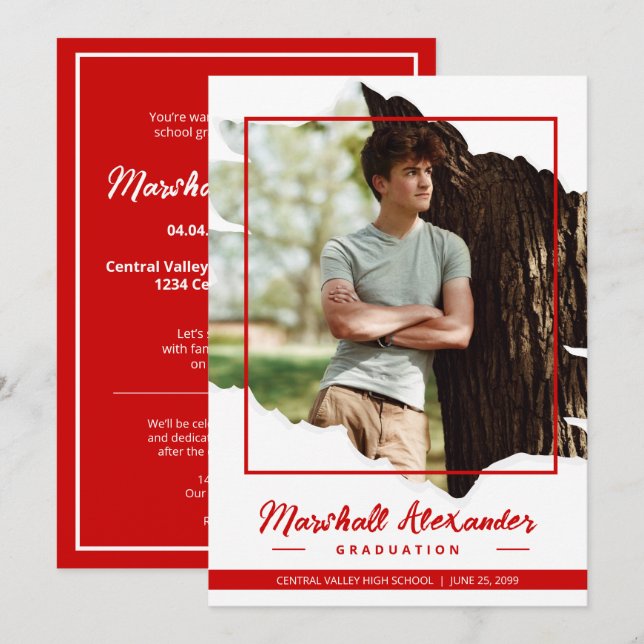 Inbjudan till Red Edgy Abstrakt Torn Photo Student (Fram/baksida)