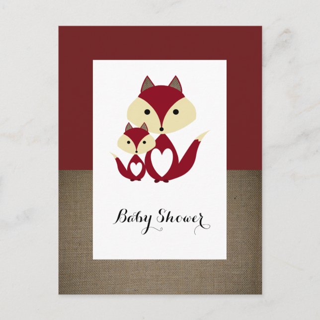Inbjudan till Red Fox Burlap Baby Shower Vykort (Framsida)