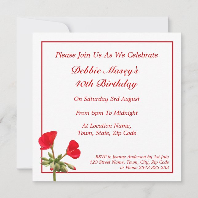 Inbjudan till Red Geranium Birthday (Framsida)