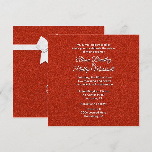 Inbjudan till Red Glitter och Bow Wedding (Fram/baksida)