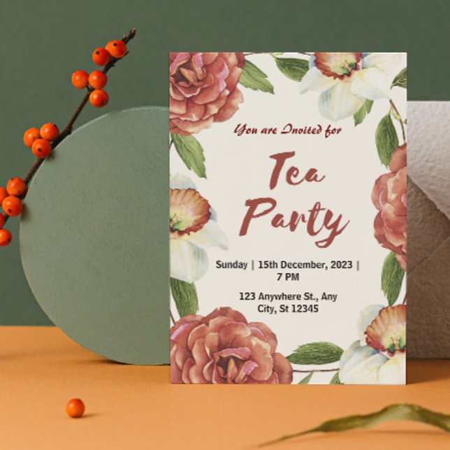 Inbjudan till Red Grönt and White Flower Tea Party (Skapare uppladdad)