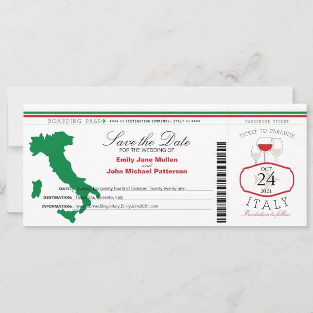 Inbjudan till Red Grönt Italien Boarding Pass Wedd (Framsida)